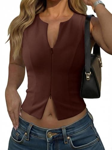 PINKMSTYLE Womens Tank Tops Sexy Crop Sleeveless Top V Neck Tight Double Lined Open Front Vest Zip Up Work Business Shirts Brown Medium - Image 1