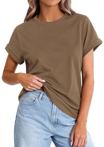 PRETTYGARDEN Womens Summer Tops 2026 Spring Casual Rolled Short Sleeve Basic Tees Crew Neck Work Shirts Fashion Clothing (Khaki,Large) - Image 1
