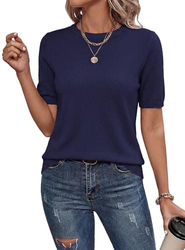 BTFBM Summer Tops Short Sleeve Sweater for Women Crew Neck Lightweight Knit Pullover Loose Dressy Casual Blouse Clothing(Navy Blue, Small) - Image 1