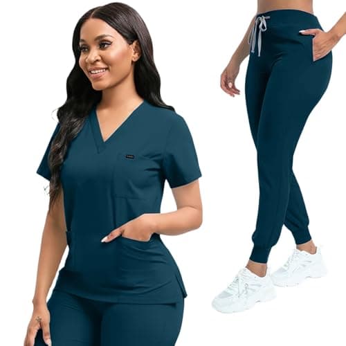 YEZEX Scrubs for Women Set, Stretch V-Neck Top & Jogger Scrub Pants, Caribbean Blue