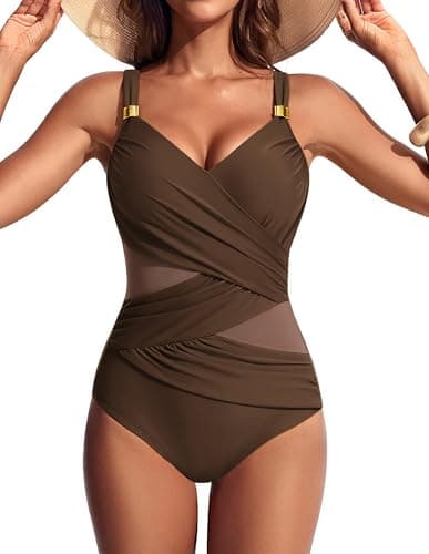 Hanna Nikole Women One Piece Swimsuit: Slimming Mesh Bathing Suits Brown Modest Cute V Neck Ruched Swimwear Beach 2XL - Image 1