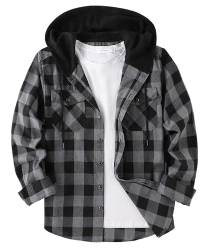 Mens Plaid Button-up Hoodies Loose Fit Long Sleeve Cotton Casual Tops Lightweight Hooded Flannel Shirt with Pockets Dark Grey - Image 1