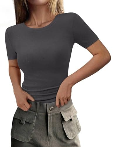 PRETTYGARDEN Women 2026 Summer Crew Neck Short Sleeve Tops Ribbed Knit Slim Fit Fashion Basic Tee Shirts Casual Going Out Top (Dark Grey,XX-Large) - Image 1