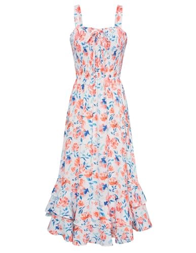 GRACE KARIN Women's 2026 Summer Floral Boho Dress Square Neck Strapped Swing A Line Sundress Beach Long Maxi Outfits Orange Floral M - Image 1