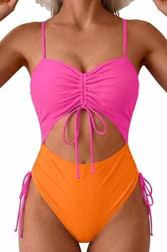 Viottiset Women's Cut Out Drawstring One Piece Swimsuit Cheeky High Cut Bathing Suit Orange Pop Pink XL - Image 1