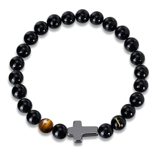 Mens Cross Bead Bracelet with Initials, Christian Rosary Obsidian A-Z Letter Black Onyx Tigers Eye Beaded Bracelet, Faith Religious Easter Catholic Communion Baptism Christmas Jewelry Gift for Men - Image 1