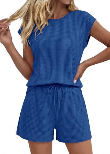KIRUNDO Two Piece Sets For Women Summer 2026 Cap Sleeve Short Set Waffle Knit Matching Lounge Drawstring Vacation Outfits(Blue, Large) - Image 1