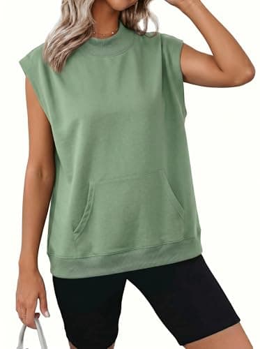 SHEWIN Womens Summer Tops Casual Short Sleeve Sweatshirt Ribbed Mock Neck Top Oversized Work Casual Outfits Pullover Fall Lightweight Fashion Clothes Basic Solid Tee Shirts With Pockets 2XL Mist Green - Image 1