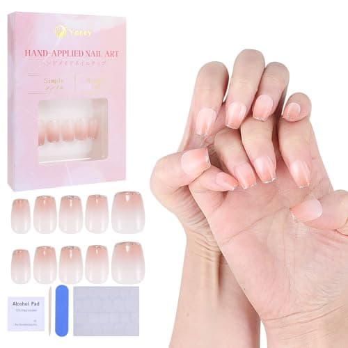 Yacey Handmade Press on Nails Short Square, Reusable False Nails Press Ons, Pink Blush French Tip Thick Acrylic Fake Nails, 3D Artificial Bling Glossy Glue on Nails for Women Girls (10 Pcs, M) - Image 1