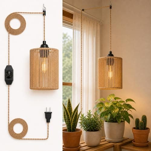 DKCONONY Rattan Pendant Light Plug in - Dimmable Vintage Pleated Hanging Lamp 15FT Hemp Rope Cord with LED Bulb, Hand Woven Wicker Shade for Bedroom Living Room Farmhouse Decor, Beige - Image 1