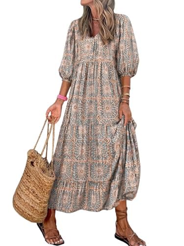 EXLURA Womens Summer Faux Linen Boho Maxi Dresses Oversized V Neck Half Sleeve Floral Flowy Casual Long Maternity Dress 2026 - Image 1