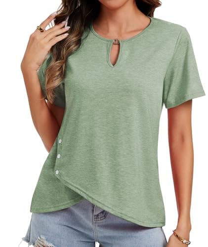 MFAVIP Womens Summer Tops Short Sleeve T Shirts Trendy Cute Keyhole Neck Dressy Casual Basic Work Ladies Clothing Light Green - Image 1
