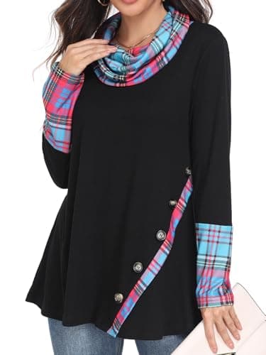 Miusey Long Sleeve Tunic Tops for Leggings Cowl Neck Sweatshirt with Asymmetric Hem Lightweight Pullover Sweaters Dressy Casual Red Blue Plaid L - Image 1