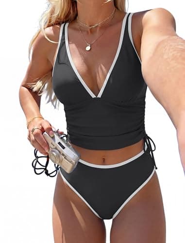 Jillumi Two Piece Tankini Swimsuits for Women Tummy Control Bathing Suit Color Block V Neck Swim Suits with High Waisted Bottom (Black, Small) - Image 1