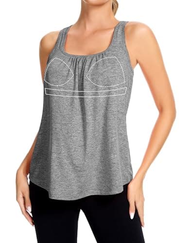 SLIMBELLE Mesh Racer Back Tank Tops Womens Gym Yoga Athletic Workout Tops Round Neck Sleeveless Loose Fit Cami with Built in Bra Gray XL - Image 1