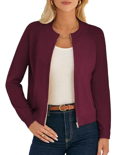 GRACE KARIN Womens Burgundy Zip Up Cardigan Sweaters Lightweight Cardigans Trendy Spring Light Jackets for Women L - Image 1