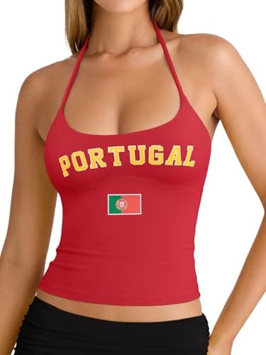 REORIA Women's Sexy Halter Open Back Double Lined Cami Shirt Going Out Y2k Trendy Sleeveless Yoga Crop Tops FIFA World Cup 2026 Tshirt Portugal Jersey X-Small - Image 1