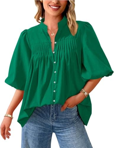 PRETTYGARDEN Women's 2026 Summer Short Lantern Sleeve Tops Loose Fit Button Down Shirt Pleated V Neck Blouses Trendy Clothes (Green,X-Large) - Image 1