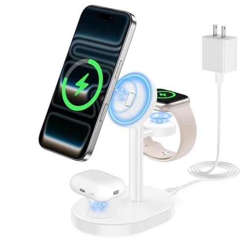 Hevanto 2026 3 in 1 Wireless Charging Station for Apple MagSafe Charger, 15W Fast Mag-Safe Charger Stand for iPhone 17 16 15 14 13 12 17e Apple Watch AirPods Compatible with MagSafe, White