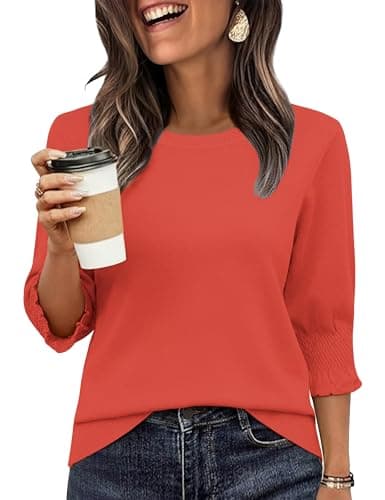 Totatuit Womens 2026 Fall Sweaters 3/4 Sleeve Tops Classic Dressy Casual Basic Clothes for Teachers Watermelon Red Small - Image 1