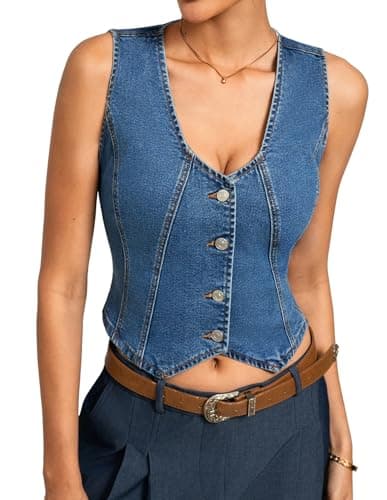 Kate Kasin Women's Denim Vest, Sleeveless Stretch Button Down Jean Vest for Women, Casual Fitted Summer Western Outfit(Dark Blue,S - Image 1