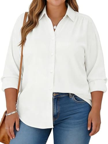 Charming Ashley Plus Size Womens Solid Color V Neck Button Down Blouse Long Sleeve Casual Business Dressy Blouses XL-5XL White - Image 1