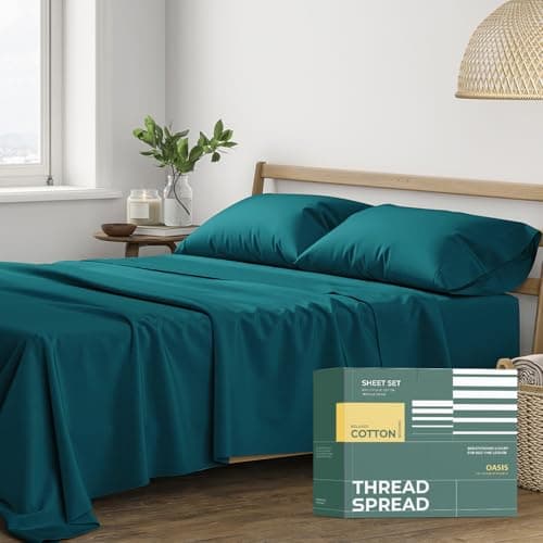 THREAD SPREAD 100% Organic Cotton Sheets Queen Size - 4 PC Organic Cotton Queen Size Percale Weave Sheet Set, Soft, Cooling, Crisp & Breathable, 16" Deep Pocket Hotel Quality Bedding Set - Teal - Image 1