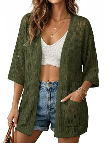 BB&KK Lightweight Cardigans for Women Summer 3/4 Sleeve Knit Boho Kimono Crochet Cardigans with Pockets Army Green S - Image 1