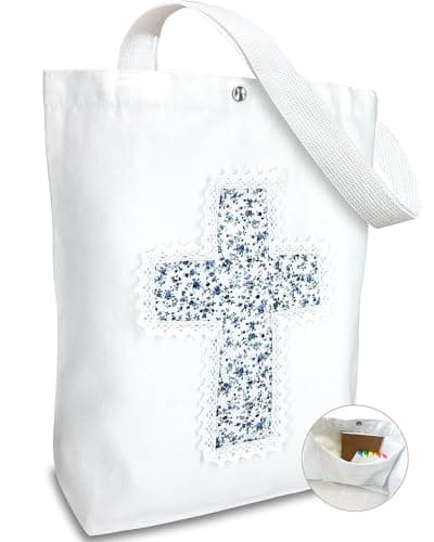sasonvale Christian Tote Bag for Women, Bible Bags with Handcrafted Cross & Lace, 12oz Canvas Religious Church Bag with Pocket & Snap Closure, Spacious Gift for Church & Baptism (White-Blue Sprig) - Image 1