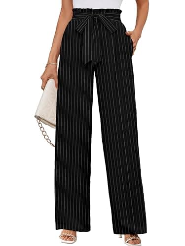 KORSIS Women's Lounge Pants Wide Leg Trousers Lightweight High Waisted Loose Casual Work Elastic Pants with Pockets White Stripe L - Image 1