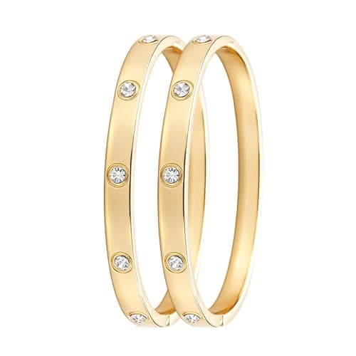 2 Pack 18K Gold Plated Zinc Alloy Love Couple Bangle Bracelets for Women, Shiny Rhinestone Inlaid Fashion Bangle, Dainty Trendy, Waterproof, Non Tarnish, Fashion Jewelry Accessories, Gift Idea for Mother's Day, Valentine's Day, Christmas and Birthdays (Gold & Gold) - Image 1