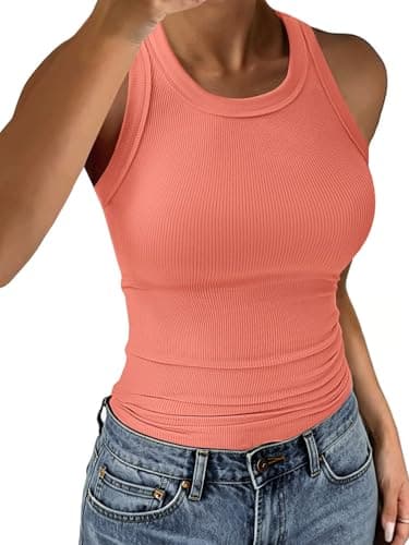 C.O.Z.Y Tank Tops for Women Ribbed Racerback Top Shirts High Neck Tank Casual Slim fit Basic Summer Tops Coral M - Image 1