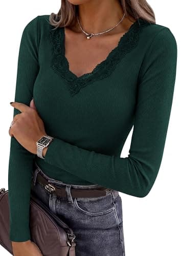 PRETTYGARDEN Women's Long Sleeve Shirts Lace Trim V Neck Ribbed Slim Fitted Basic Tees Y2K Going Out Tops 2026 Fall Clothes (Dark Green,Large) - Image 1