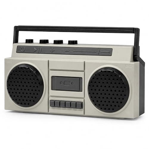 Sourcingbay Retro Mini Bluetooth Speaker, USB Rechargeable Boombox for Desk, Shelf, Bedside, Small Spaces and Dry Terrarium Setups, Gray - Image 1