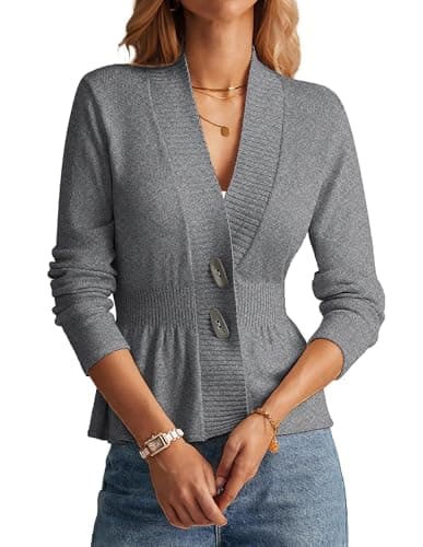 GRACE KARIN Women Cardigan Sweaters 2025 Fall,Long Sleeve Cropped Sweater Coat Trendy,Button Front Peplum Tops Lightweight Gray - Image 1