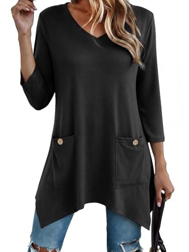 Black Tshirt Shirts for Women 3 4 Sleeve Tunic Tops Cotton Polyester Stretchy Casual Asymmetrical High Low Clothes Boutique Pockets Button Decor Church Funeral Work Professional Office Black XL - Image 1