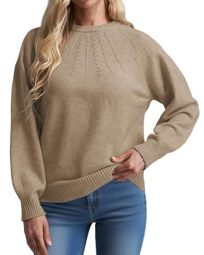COSSEN Fall Sweaters for Women 2025 Casual Long Sleeve Crewneck Pullover Sweater Knit Top S Khaki - Image 1