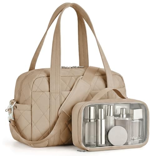 Percover Gym Bag for Women, Lightweight Quilted Travel Duffle Bag & Weekend Bag, Carry On Gym Duffle with Organized Compartments for Yoga & Short Trips, Camel - Image 1