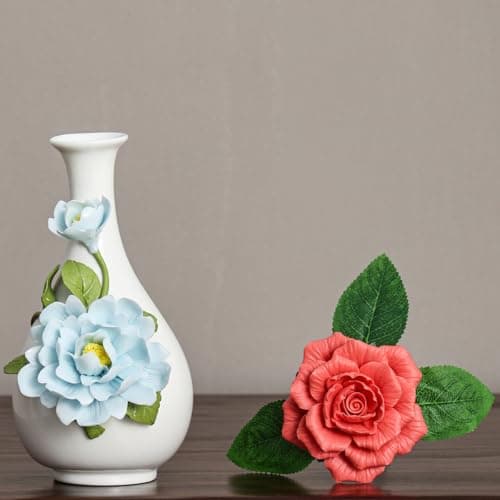 Handmade Pinched Flowers Ceramic Vase with One Ceramic Rose Flower, Home Decor Ceramic Vase for Dining Table, Living Room, Kitchen, Bedroom, Shelf, Office, Coffee Table, Restaurant & Fireplace Mantel