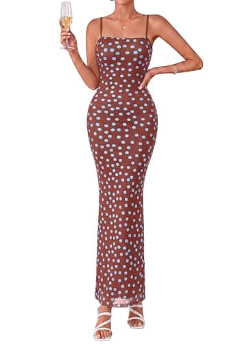 BTFBM Womens Summer Maxi Dress 2026 Floral Mesh Spaghetti Straps Sleeveless Sexy Bodycon Wedding Cocktail Party Dresses(Dot Coffee Blue, X-Large) - Image 1