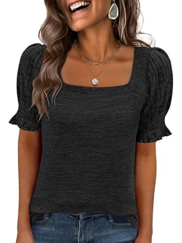 ANRABESS Womens Tops Summer Sweaters Dressy Casual Work Blouses Square Neck Ruffle Short Sleeve Tee Shirts 2026 Fashion Tunic Black Medium - Image 1