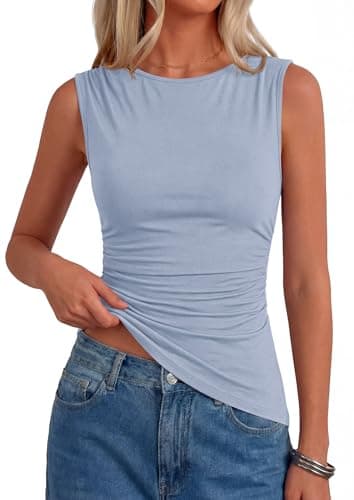 PRETTYGARDEN Boat Neck Tops for Women 2026 Spring Asymmetrical Sleeveless Slim Fit Blouses Summer Going Out Ruched Tank Top (Light Blue,Small) - Image 1