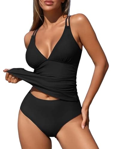 ZAFUL Black Tankini Tops for Women V Neck Push Up Swim Top Solid Color Tummy Control High Waisted Swim Bottom Cheeky Bathing Suits for Women (Black L) - Image 1