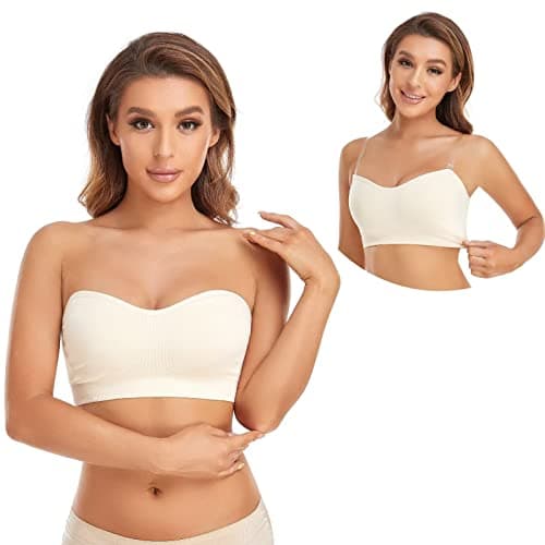 Lusait Strapless Bra for Women Non-Slip Silicone Padded Bandeau Bra Wireless Tube Top Bralette Beige+Beige 2Pack L - Image 1