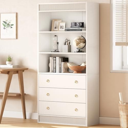GarveeHome Bookshelf with Drawers 70.8" Fluted Bookcase, White Bookshelf 6 Tier Bookcase with Storage, Tall Book Shelf with Waved Design, Storage Cabinet with Open Shelf for Living Room Office - Image 1