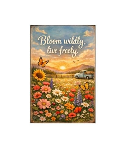 Bloom Wildly Live Freely Inspirational Tin Sign Vintage Flower Meadow Butterfly Sunset Truck Landscape Wall Decor Rustic Metal Plaque Garden Farmhouse Home Office Gift 8x12 Inch - Image 1