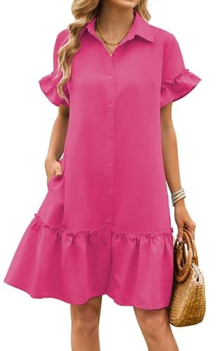 CCTOO Women's Summer Dresses Casual V Neck Button Down 3/4 Sleeve Floral Print Loose Flowy Shirt Dress 06 Rose Red S - Image 1