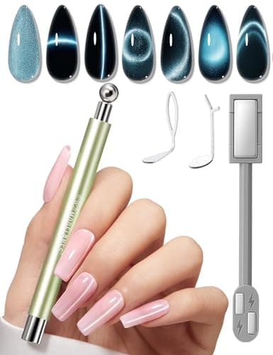 modelones Cat Eye Magnet for Nails, 3-in-1 Green Cateye Gel Polish Magnet Pen & Heart-Shaped Magnet for Nail Art & Ball &Hole &Lightning Magnet, Multi-Effect Magnets for Nail Art Lovers DIY Salon