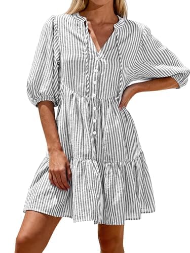 BTFBM Womens Summer Dresses 2026 Striped Mini Dress Half Sleeve Button Down Casual Flowy Beach Vacation Outfits Pockets(Black, XX-Large) - Image 1