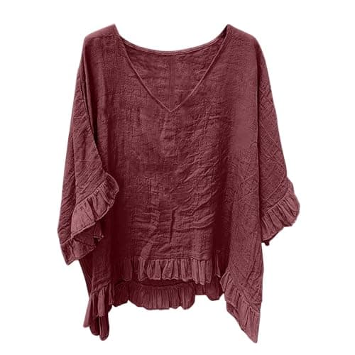 Womens Summer Tops 3/4 Sleeve, V Neck Casual Loose Fit Ruffle Sleeve Blouse for Women, Lightweight Trendy Flowy Vacation Women's T Shirt 2026 Wine Plus Size - Image 1